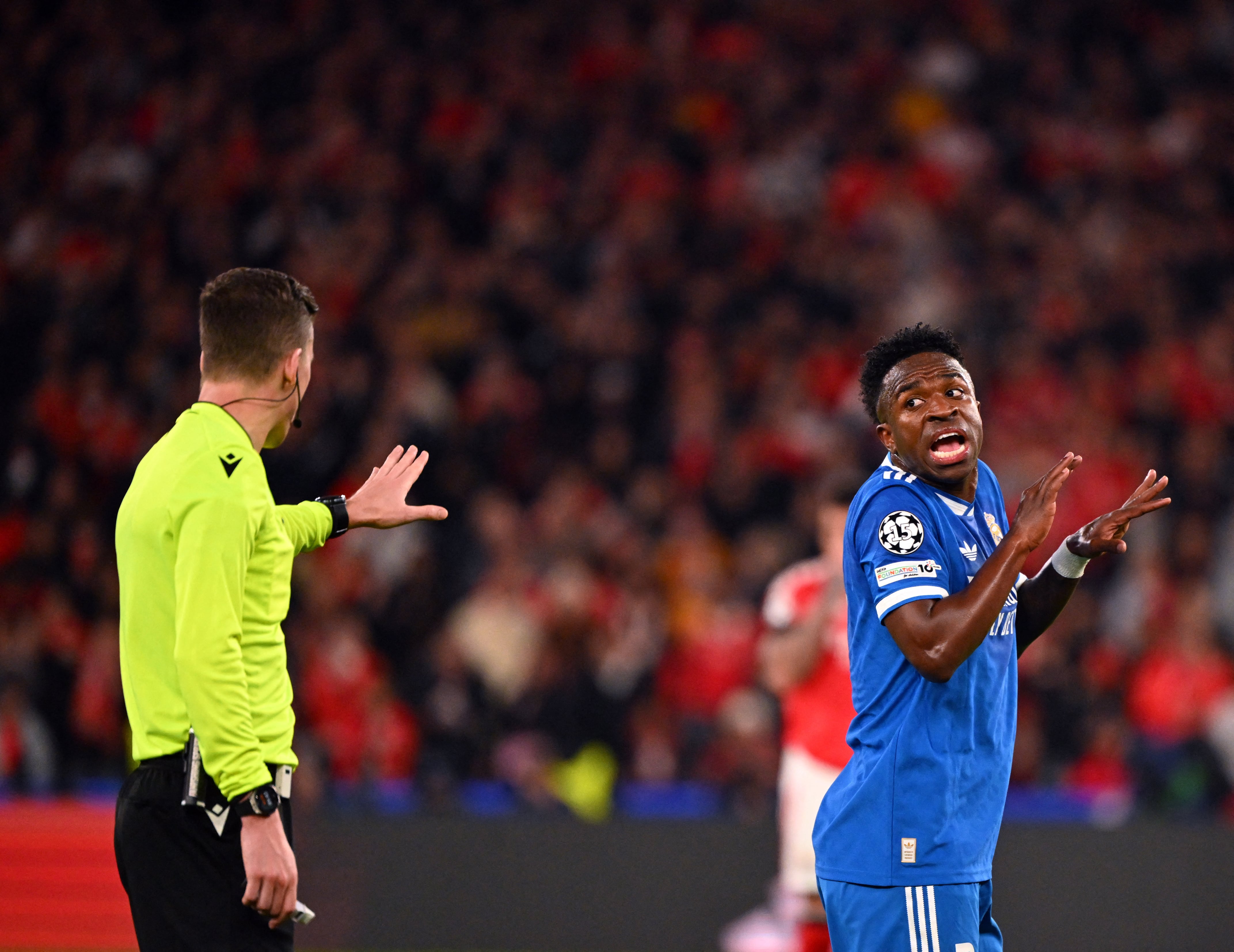 LISBON, PORTUGAL - FEBRUARY 17: Real Madrid player Vinicius Junior reacts during the UEFA Champions League match between SL Benfica and Real Madrid at Estadio da Luz in Lisbon, Portugal, on February 17, 2026. Zed Jameson / Anadolu (Photo by Zed Jameson / Anadolu via AFP)