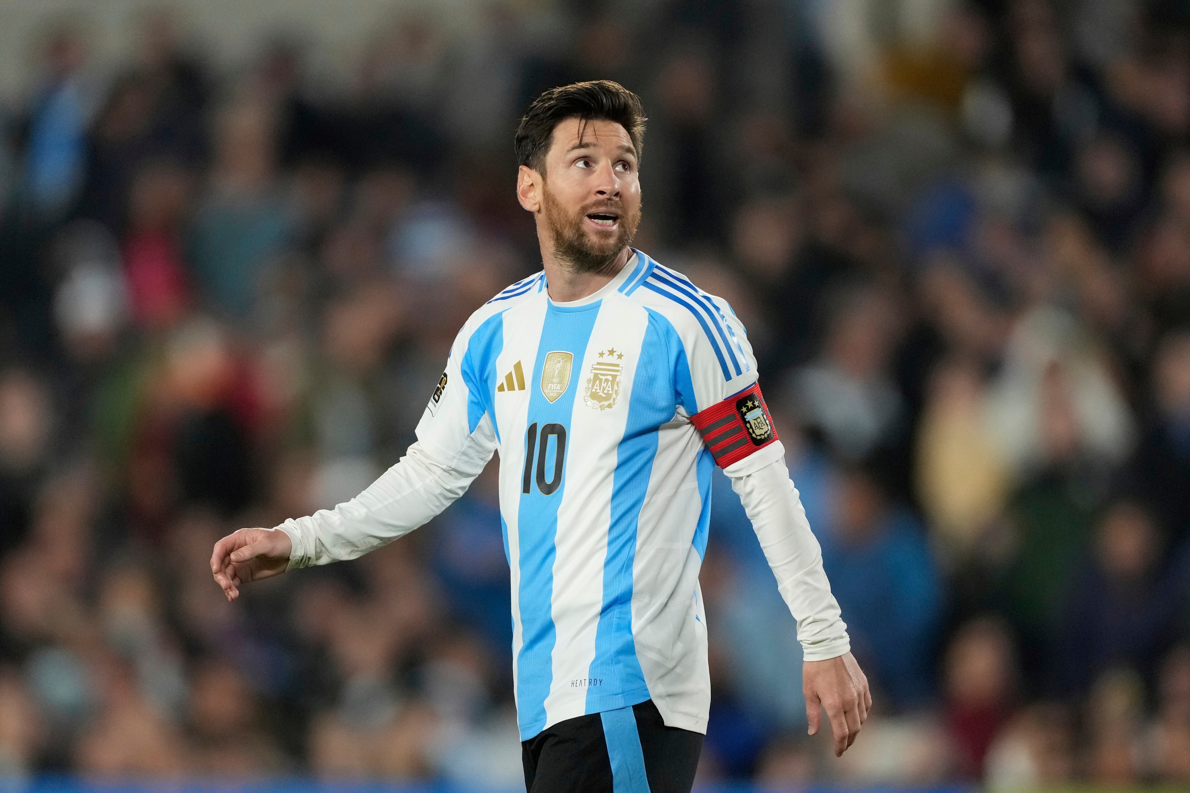 Argentina's Lionel Messi reacts during a qualifying soccer match against Colombia for the FIFA World Cup 2026 at the Monumental stadium in Buenos Aires, Argentina, Tuesday, June 10, 2025. (AP Photo/Gustavo Garello)