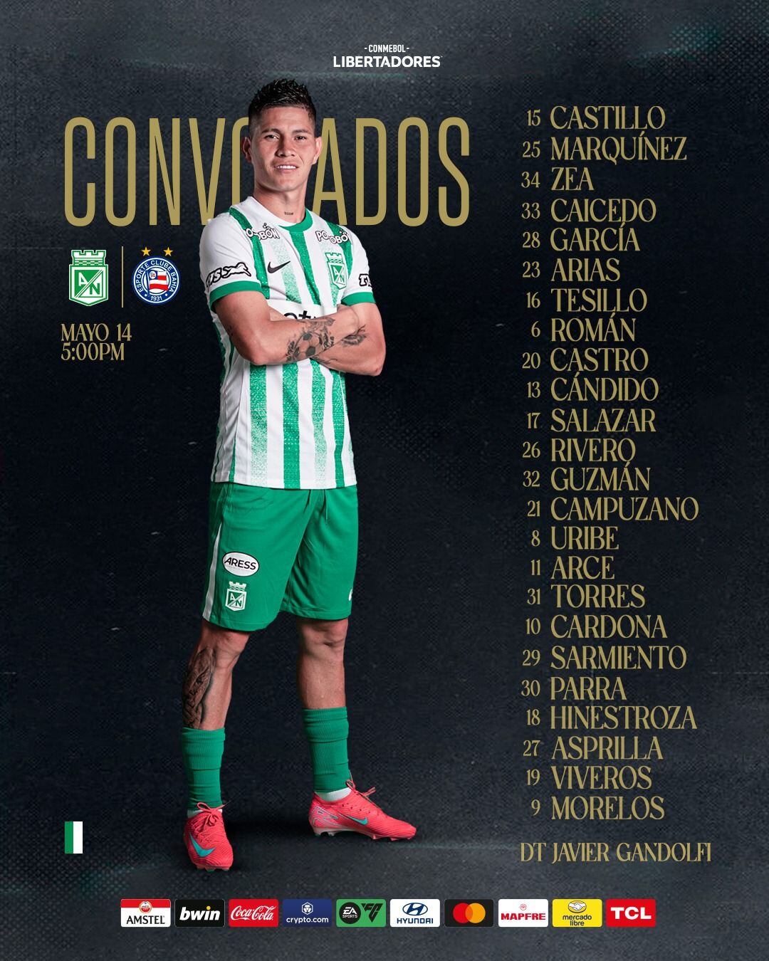 Convocados de Atlético Nacional para enfrentar a Bahía en Libertadores.