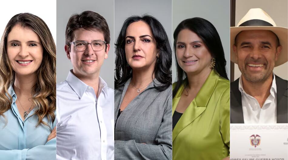 Precandidatos presidenciales del Centro Democrático: Paloma Valencia, Miguel Uribe, María Fernanda Cabal, Paola Holguín y Andrés Guerra.