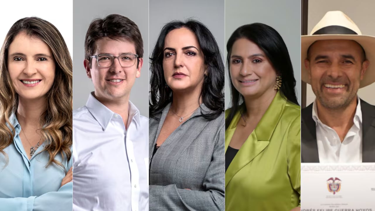 Precandidatos presidenciales del Centro Democrático: Paloma Valencia, Miguel Uribe, María Fernanda Cabal, Paola Holguín y Andrés Guerra.