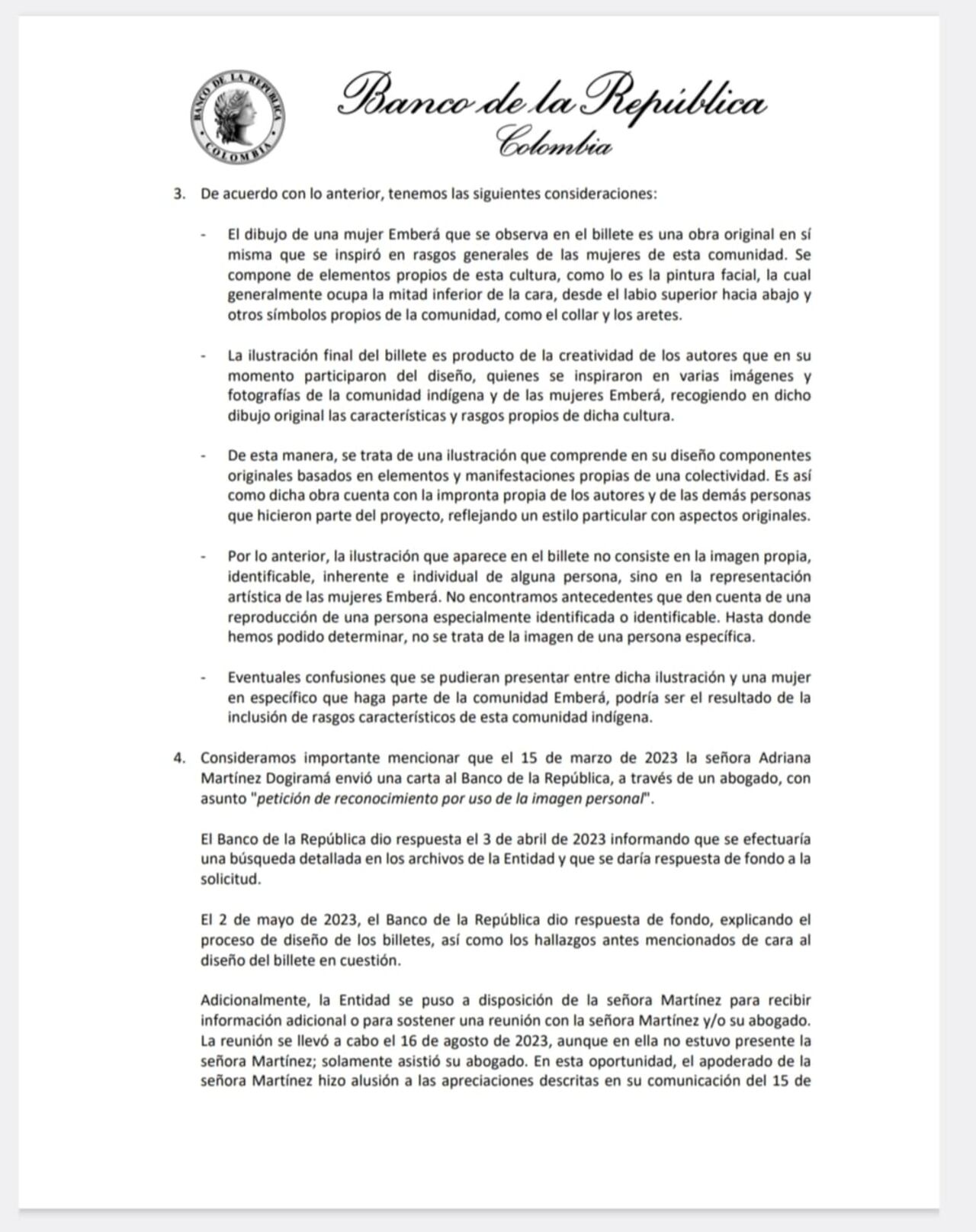 Carta del Banco de la República a SEMANA con motivo de la historia del billete de diez mil pesos colombianos