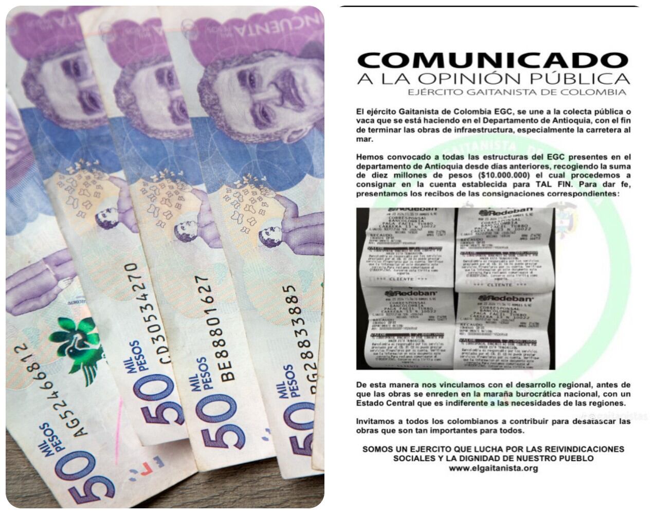 Se conoció un comunicado en el que el Clan del Golfo asegura que consignó dinero a la vaca de las vías 4G en Antioquia.