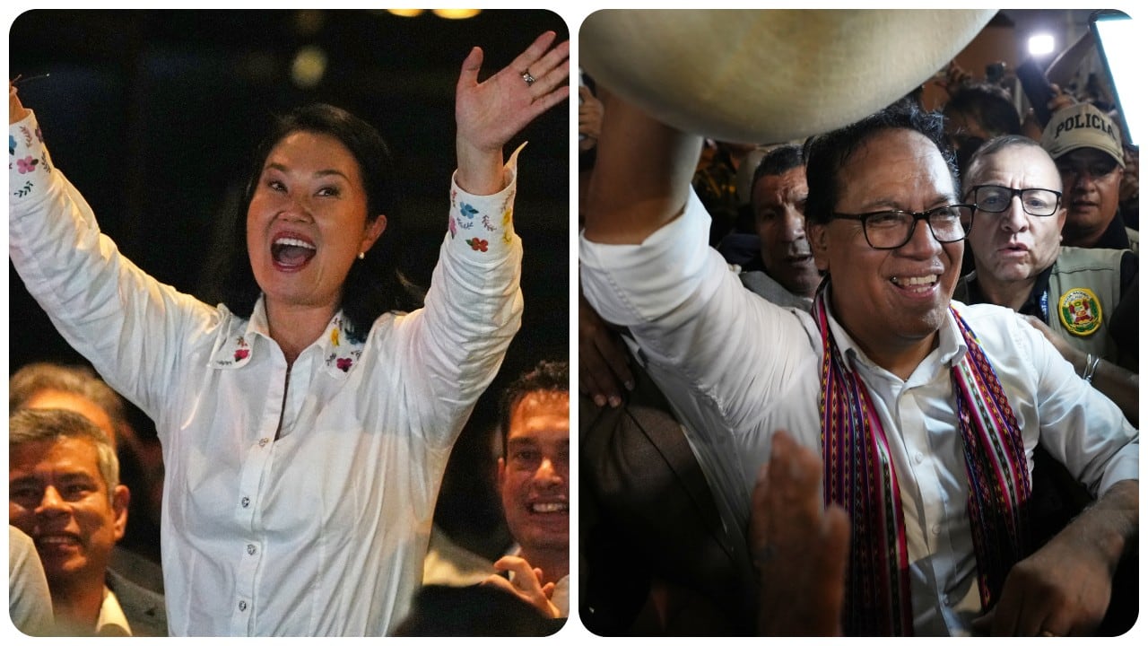 Los candidatos a la presidencia de Perú Keiko Fujimori y Roberto Sánchez después de conocer los resultados de este domingo, 7 de junio.