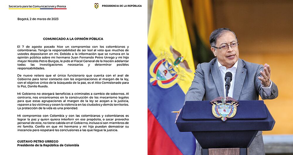   El presidente Gustavo Petro publicó un comunicado de prensa pidiendo una investigación sobre su hermano Juan Fernando y su hijo Nicolás. Andrea Petro ha cuestionado públicamente a su hermano. 