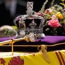 The coffin of Queen Elizabeth II leaves after the funeral service at Westminster Abbey in central London, Monday, Sept. 19, 2022. The Queen, who died aged 96 on Sept. 8, will be buried at Windsor alongside her late husband, Prince Philip, who died last year. (AP Photo/Bernat Armangue, Pool)