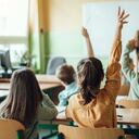 Students raising hands while teacher asking them questions in classroom