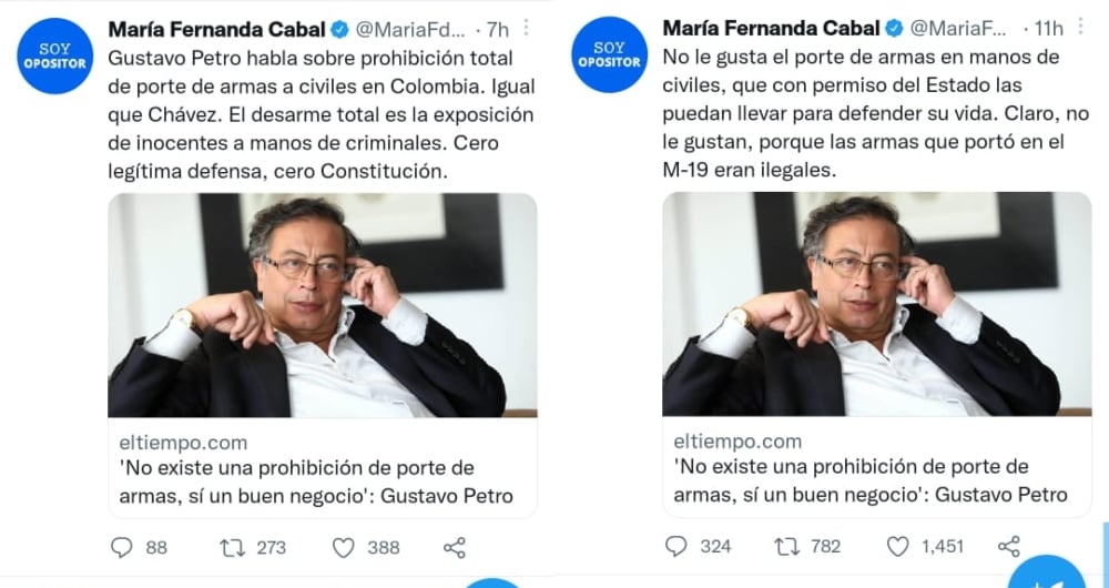 Trinos de la senadora Cabal sobre el presidente electo, Gustavo Petro