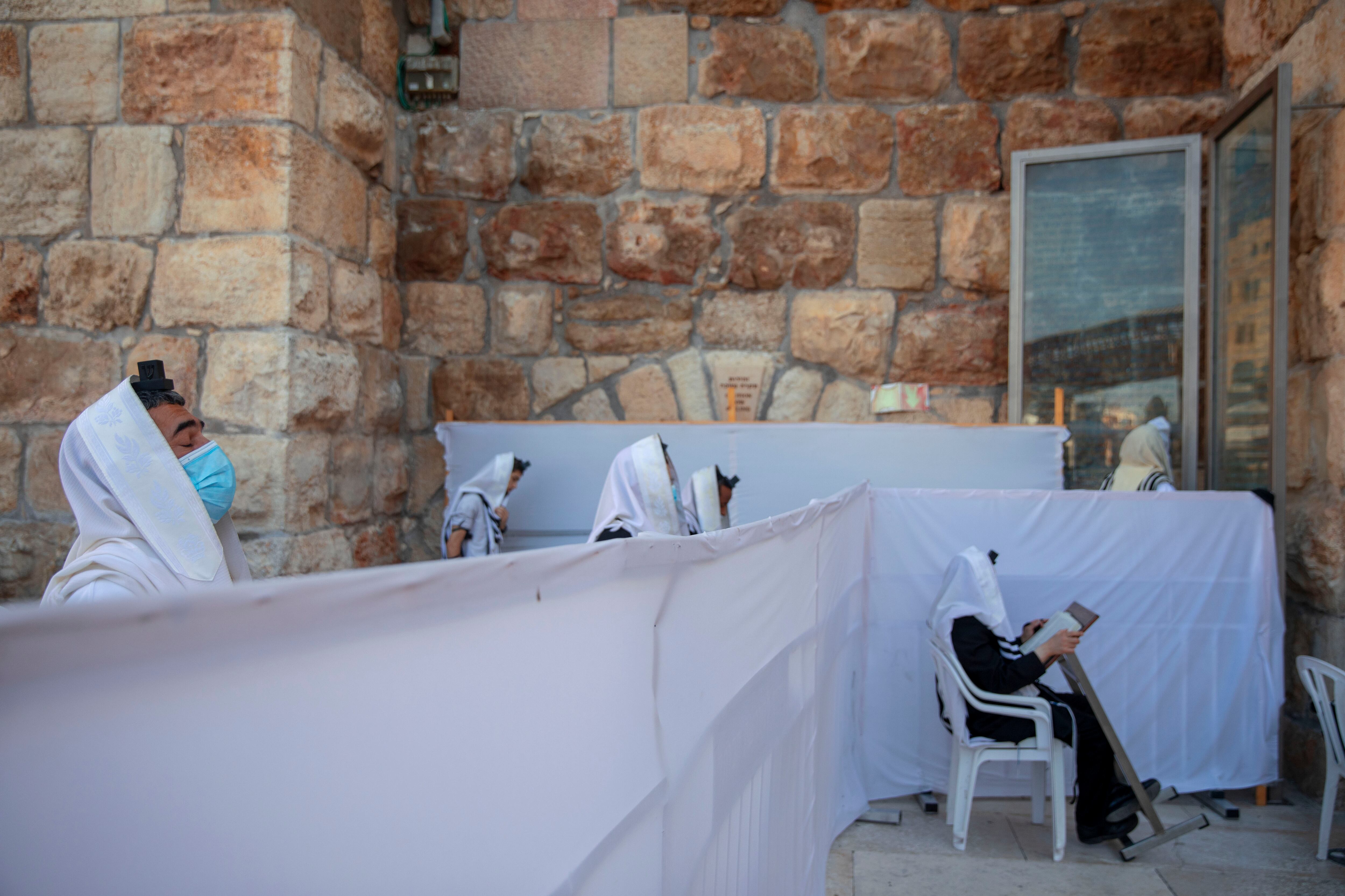 Ultra-Orthodox Jewish men pray ahead of the Jewish new year at the Western Wall, the holiest site where Jews can pray in Jerusalem's old city