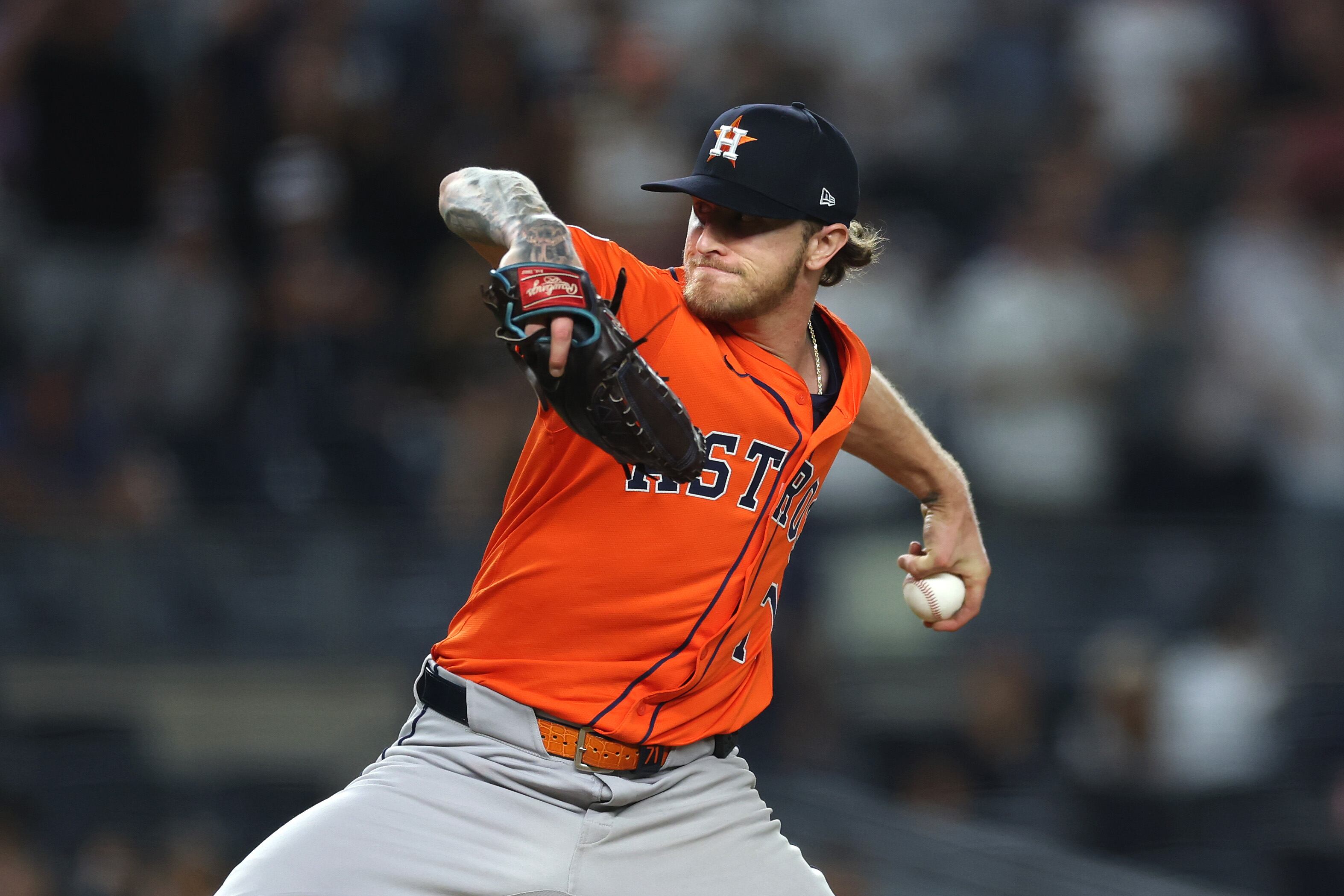 NEW YORK, NEW YORK - AUGUST 08: Josh Hader #71 of the Houston Astros pitches during the game against the New York Yankees at Yankee Stadium on August 08, 2025 in the Bronx borough of New York City. (Photo by Ishika Samant/Getty Images)