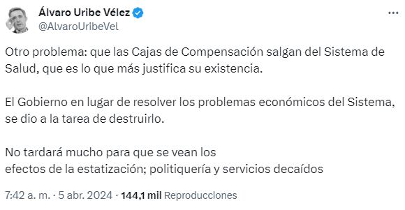 Trino del expresidente Uribe sobre la intervención a las EPS
