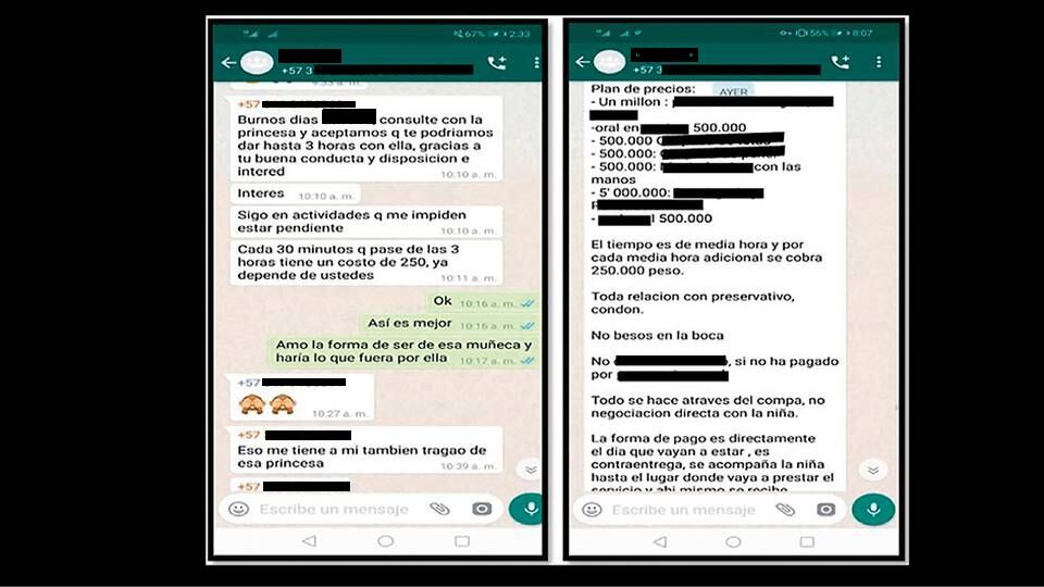 Las autoridades recibieron un CD con archivos que contenían centenares de mensajes de WhatsApp y publicaciones en redes sociales. En estas se evidencian las conversaciones en las que se pactaba la explotación sexual de una menor de edad.