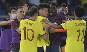Colombia's Luis Diaz (C) celebrates with teammates after scoring against Bolivia during their South American qualification football match for the FIFA World Cup Qatar 2022, at the Metropolitano Roberto Melendez stadium in Barranquilla, Colombia, on March 24, 2022.
Raul ARBOLEDA / AFP