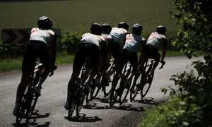 Slovenia's Tadej Pogacar and his teammates ride during a training near Copenhagen, Denmark, Wednesday, June 29, 2022. (AP Photo/Thibault Camus)