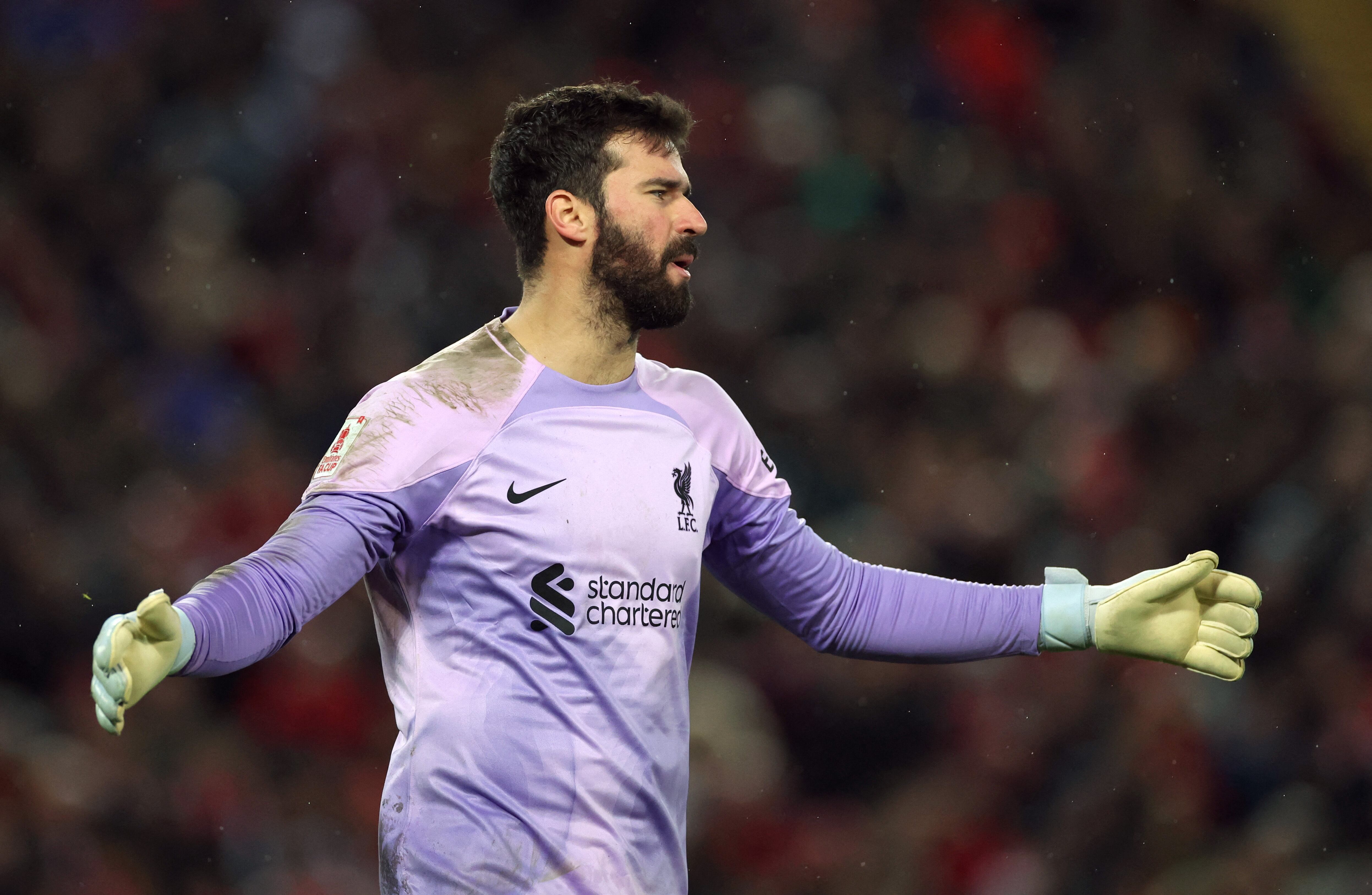Soccer Football - FA Cup Third Round - Liverpool v Wolverhampton Wanderers - Anfield, Liverpool, Britain - January 7, 2023 Liverpool's Alisson reacts REUTERS/Phil Noble