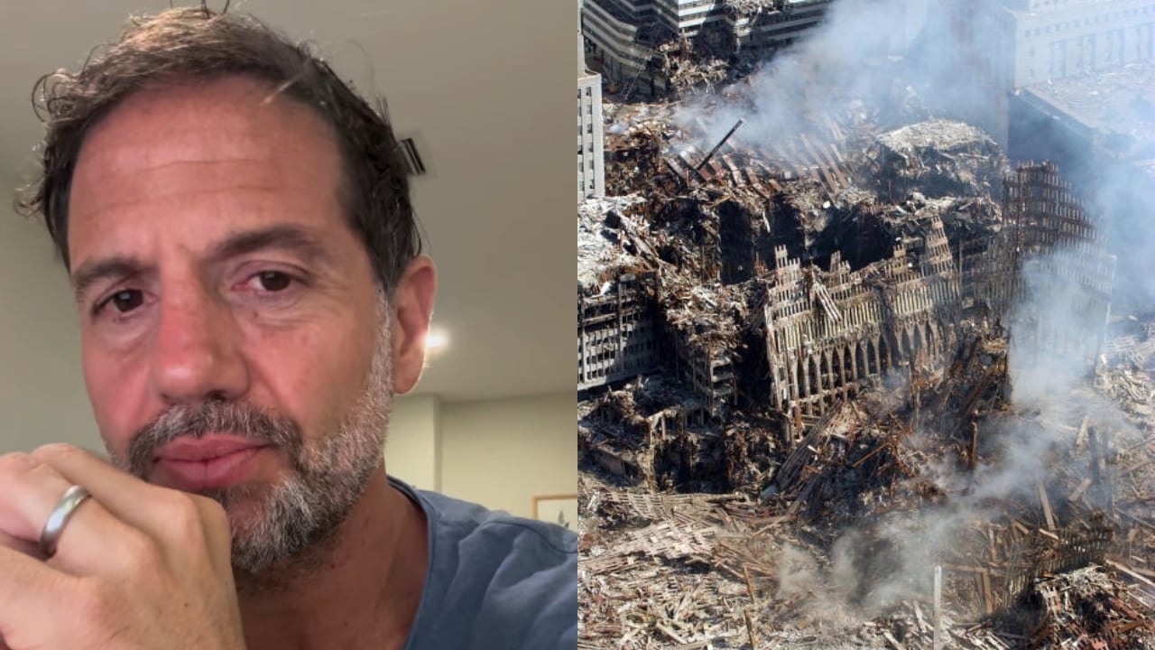 Lucas Jaramillo y las Torres Gemelas tras el atentado terrorista.