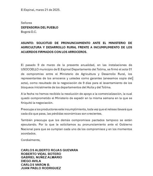 La denuncia es presentada por Carlos Alberto Rojas Guevara, vocero de la Mesa de Diálogo y Concertación de los arroceros.