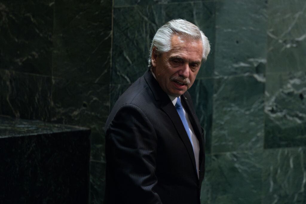 NEW YORK, NEW YORK - SEPTEMBER 19: President Alberto Fernández of of Argentina walks on stage to address the 78th session of the United Nations General Assembly (UNGA) at U.N. headquarters on September 19, 2023 in New York City. World heads of state and representatives of government will attend amidst multiple global crises such as Russia's illegal war against Ukraine, the situation in the Sahel and the climate emergency. (Photo by Adam Gray/Getty Images)