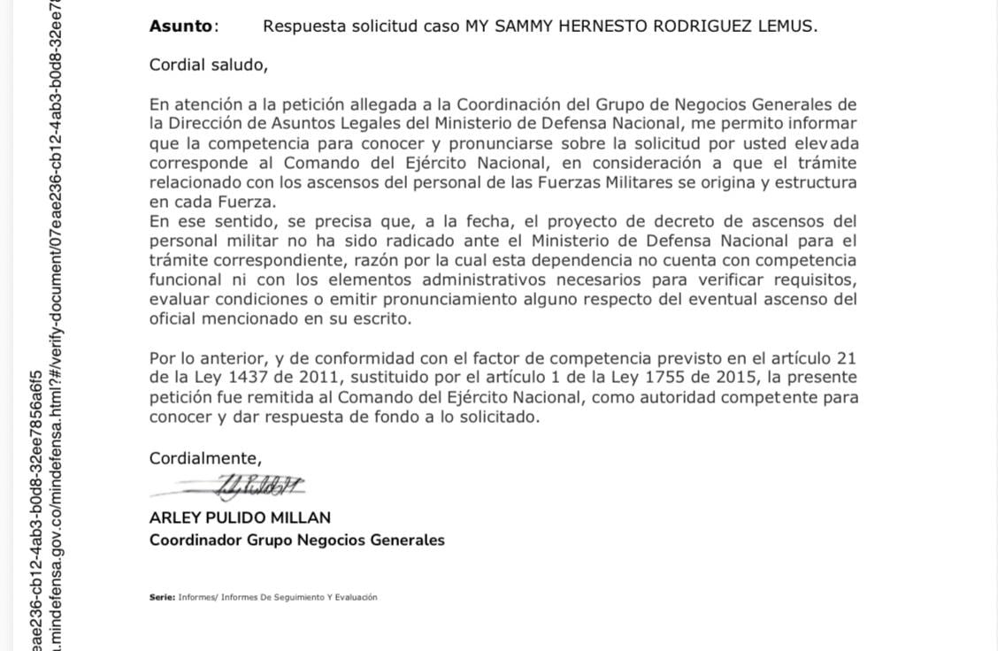 Esta es la carta del propio Ministerio de Defensa.
