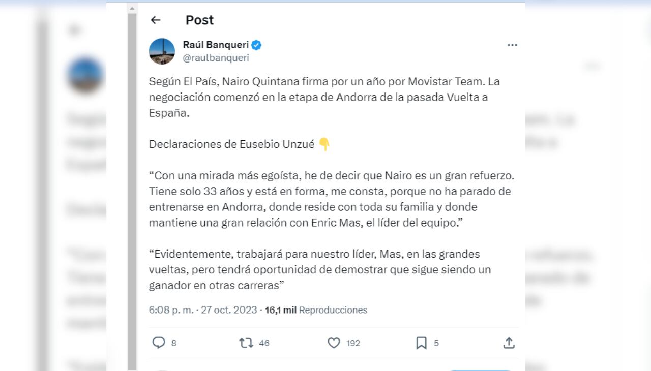 Las declaraciones de Unzúe tras el fichaje de Nairo.