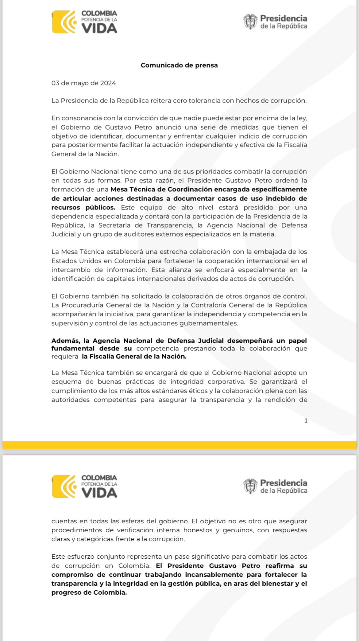 Comunicado Presidencia de la República