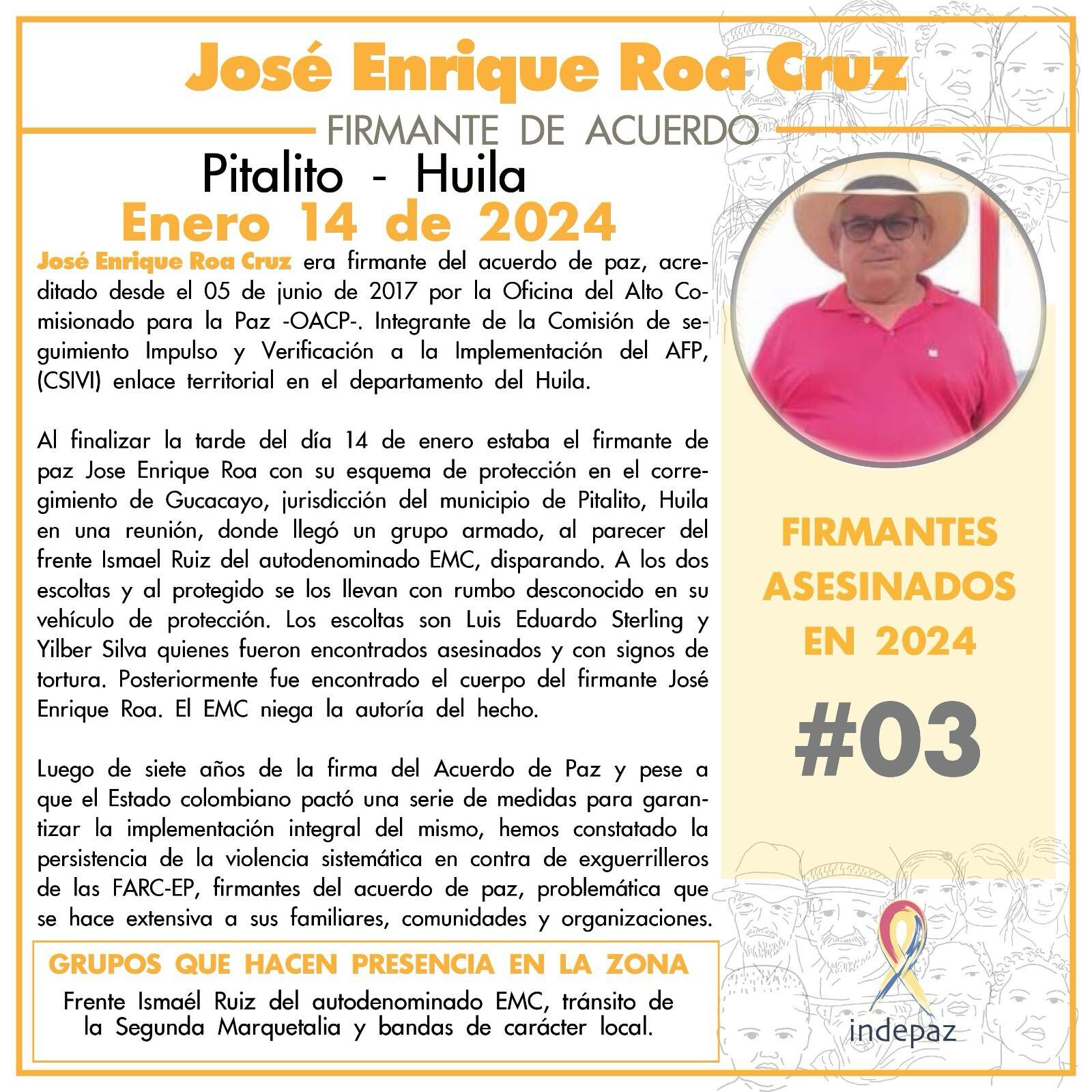 Indepaz reveló que otro desmovilizado de las Farc fue asesinado en el Huila.