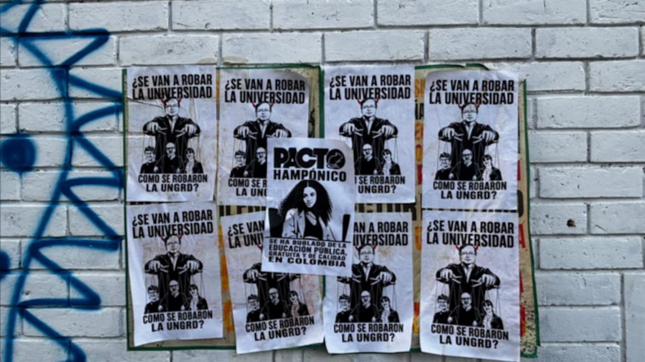 Afiches que aparecieron en la Universidad Nacional, en Bogotá, este 5 de mayo de 2026. Juliana Guerrero, la joven enigmática cercana al Gobierno, aparece en los mismos