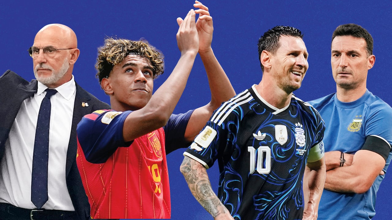 Luis de la Fuente, Lamine Yamal, Lionel Messi y Lionel Scaloni. Técnicos y capitanes de España vs. Argentina