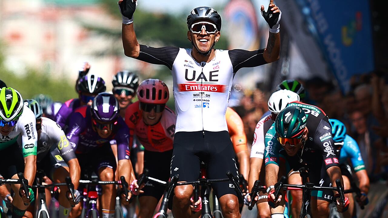 BURGOS, SPAIN - AUGUST 15: A general view of Juan Sebastian Molano Benavides of Colombia and UAE Team Emirates celebrates at finish line as stage winner during the 45th Vuelta a Burgos 2023, Stage 1 a 161km stage from Villalba de Duero to Burgos on August 15, 2023 in Burgos, Spain. (Photo by Gonzalo Arroyo Moreno/Getty Images)