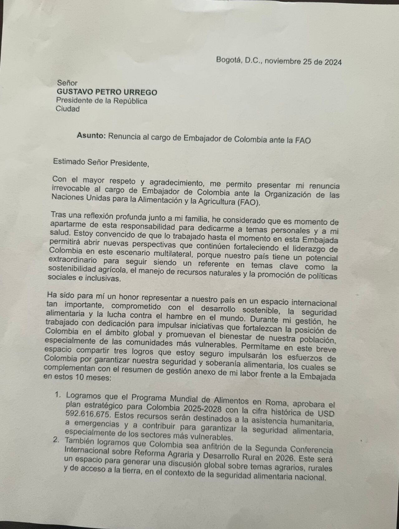 Carta de renuncia de Armando Benedetti a la Embajada de Colombia ante la FAO.