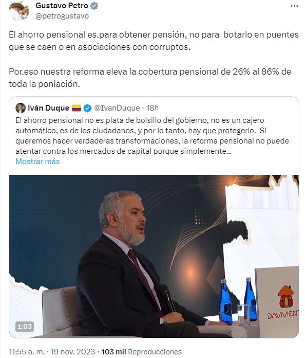 Trino del presidente Gustavo Petro en el que responde a Iván Dique sobre la reforma pensional