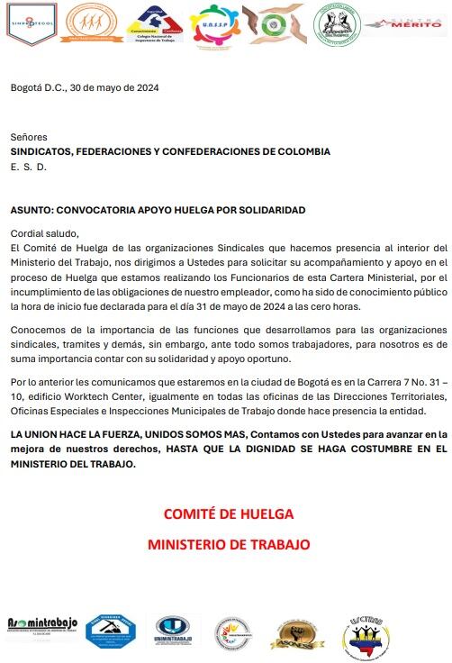 Los sindicatos del Ministerio del Trabajo le enviaron una carta a los sindicalizados del país pidiéndoles respaldar la huelga de los funcionarios de esa cartera.