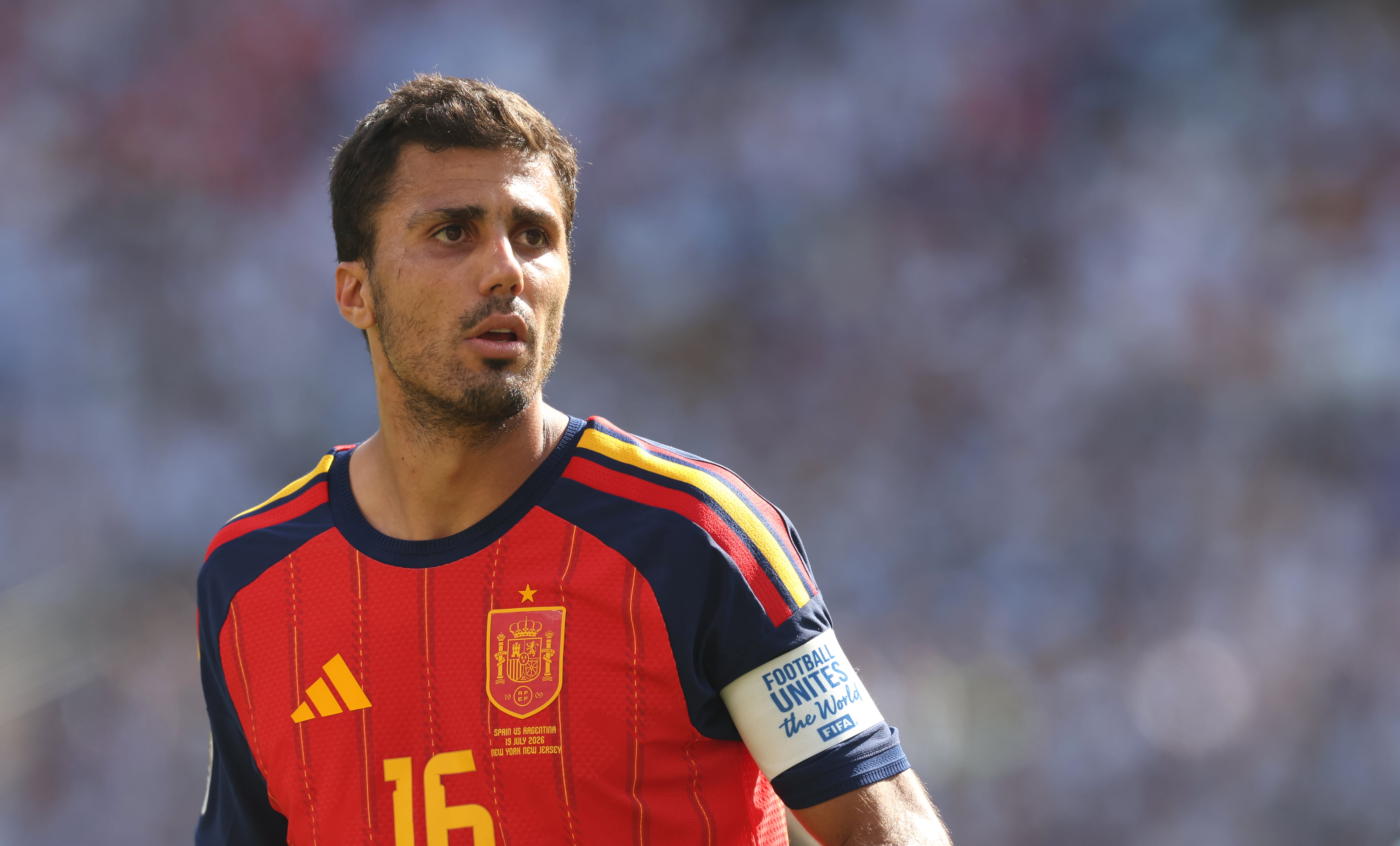 EAST RUTHERFORD, NEW JERSEY - JULY 19: Spain's Rodri during the FIFA World Cup 2026 Final match between Spain and Argentina at New York New Jersey Stadium on July 19, 2026 in East Rutherford, United States. (Photo by Rob Newell - CameraSport via Getty Images)