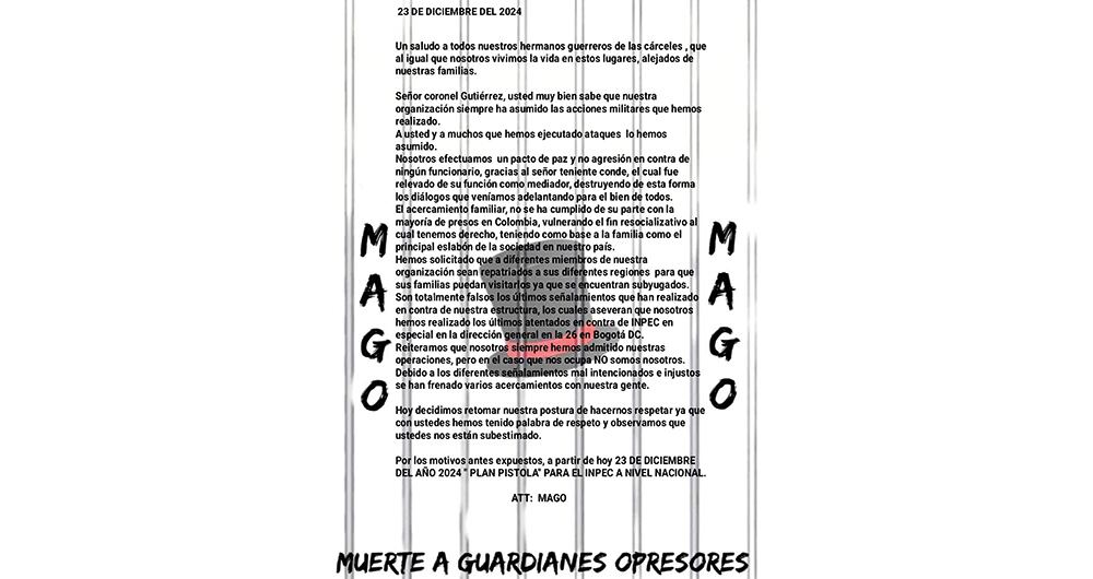 Comunicado del grupo criminal carcelario liderado por Pipe Tulua.