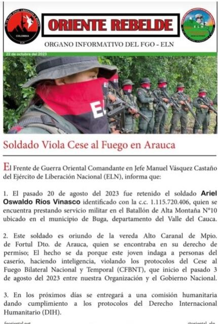 ELN hace parte del cese bilateral al fuego con el Gobierno