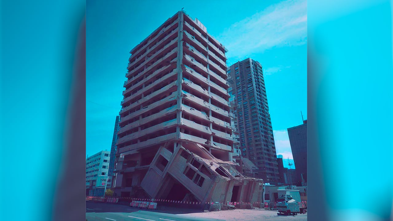 Ilustración de un edificio que resistió un terremoto.