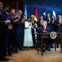 El presidente de EE. UU., Donald Trump, junto a los mandatarios de Argentina, El Salvador, Chile, Ecuador, Trinidad y Tobago, Paraguay, República Dominicana, Bolivia, Panamá, Guyana, Honduras y Costa Rica, integran la nueva alianza de seguridad y lucha contra el narcotráfico, el Escudo de las Américas.