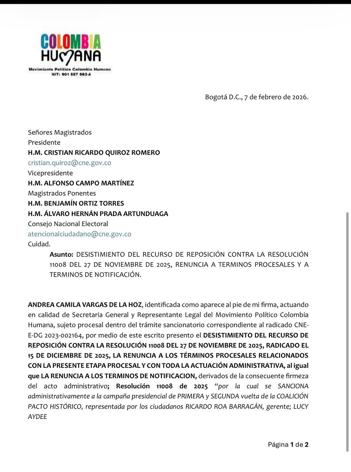 El documento que la Colombia Humana envió al CNE y que tiene SEMANA.