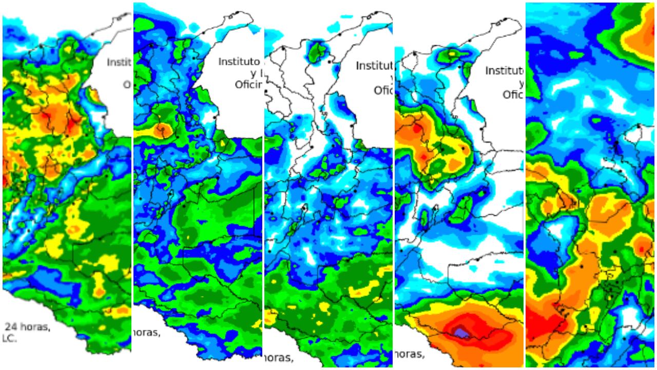 La escala de colores indica la cantidad de
precipitación acumulada (en milímetros). Primera gráfica, lunes; segunda gráfica, martes; tercera gráfica, miércoles; cuarta gráfica; jueves y quinta gráfica, viernes
