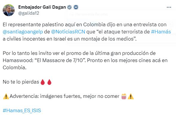 Publicación del embajador israelí en Colombia, Gali Dagan.