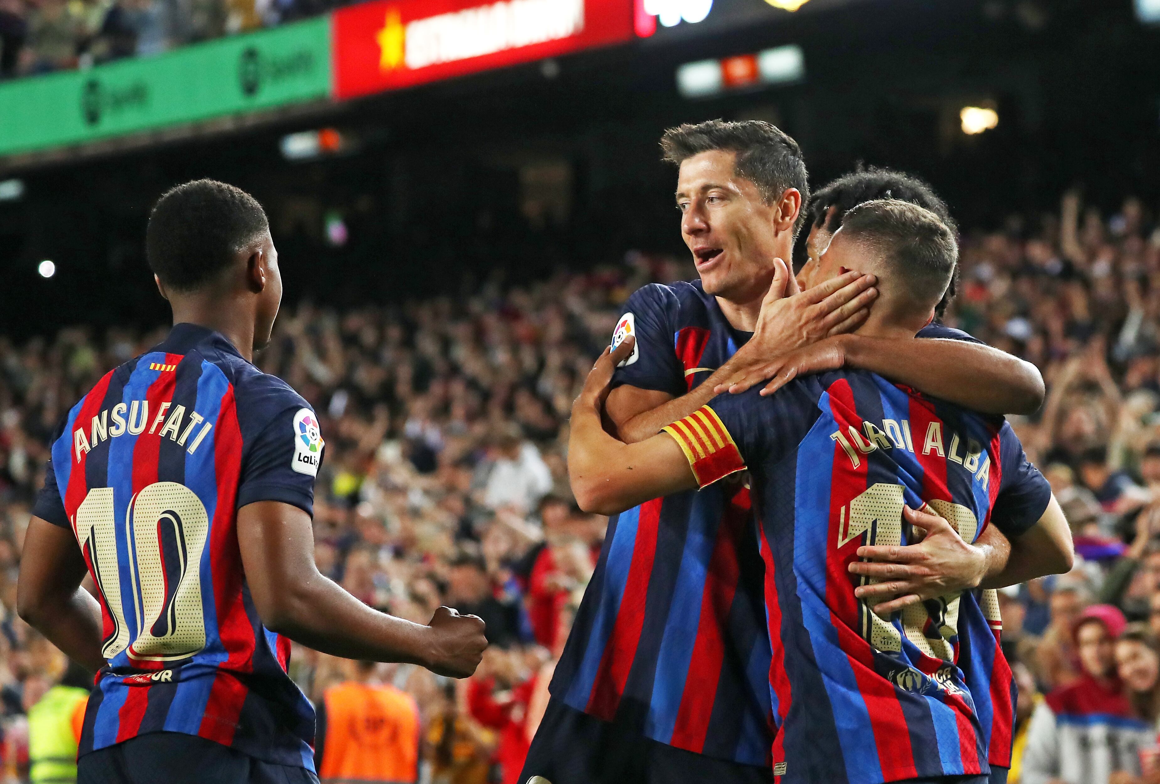 Jordi Alba goal celebration during the match between FC Barcelona and Club Atletico Osasuna, corresponding to the week 33 of the Liga Santander, played at the Spotify Camp Nou Stadium, in Barcelona, on 02th May 2023. (Photo by Joan Valls/Urbanandsport /NurPhoto via Getty Images)