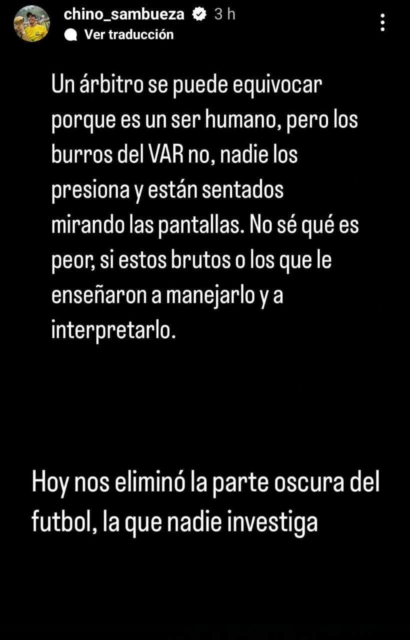 Mensaje de Fabián Sambueza en sus historias de Instagram, tras la polémica del Chicó vs. Bucaramanga.