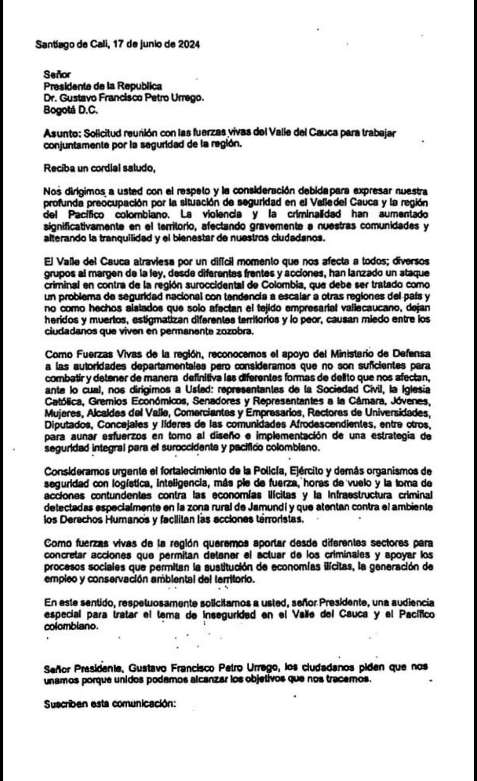 La carta de Dilian Francisca Toro y dirigentes del Valle a Gustavo Petro.
