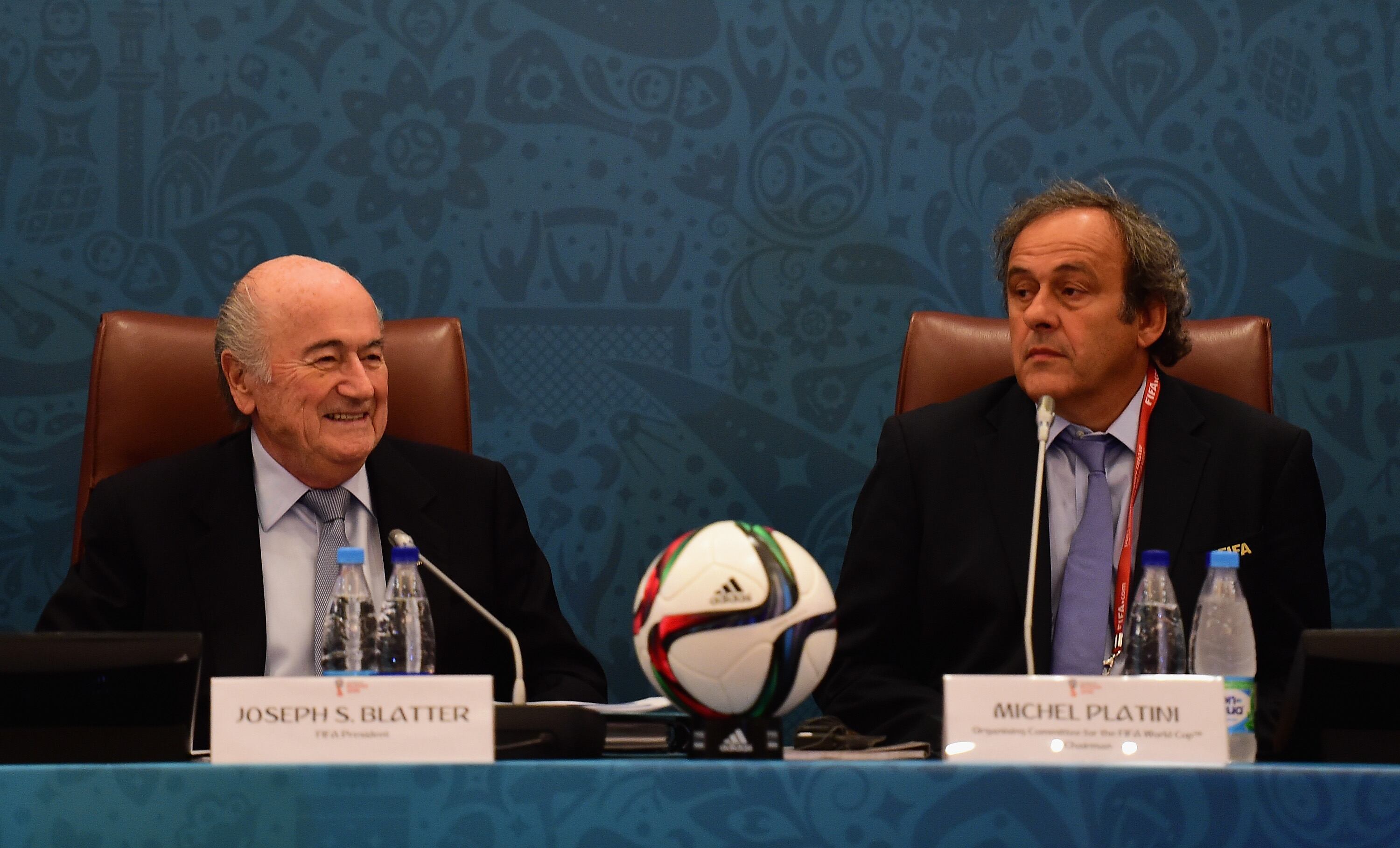 SAINT PETERSBURG, RUSSIA - JULY 25:  FIFA President Joseph S. Blatter and UEFA President Michel Platini look on during the Team Seminar ahead of the Preliminary Draw of the 2018 FIFA World Cup at the Corinthia Hotel on July 25, 2015 in Saint Petersburg, Russia.  (Photo by Shaun Botterill/Getty Images)