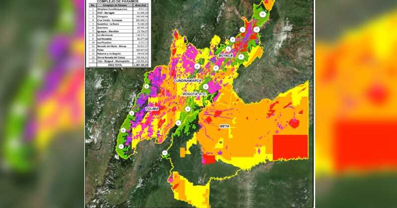 Uso del suelo.  Verde: complejo de páramos. Amarillo: área disponible. Amarillo mostaza: área en exploración. Rojo: área en producción. Morado: títulos mineros. Fucsia: solicitudes de títulos mineros.