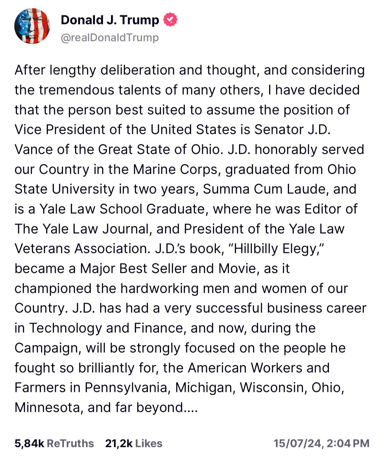 El mandatario hizo el pronunciamiento a través de un mensaje en su cuenta personal de Truth