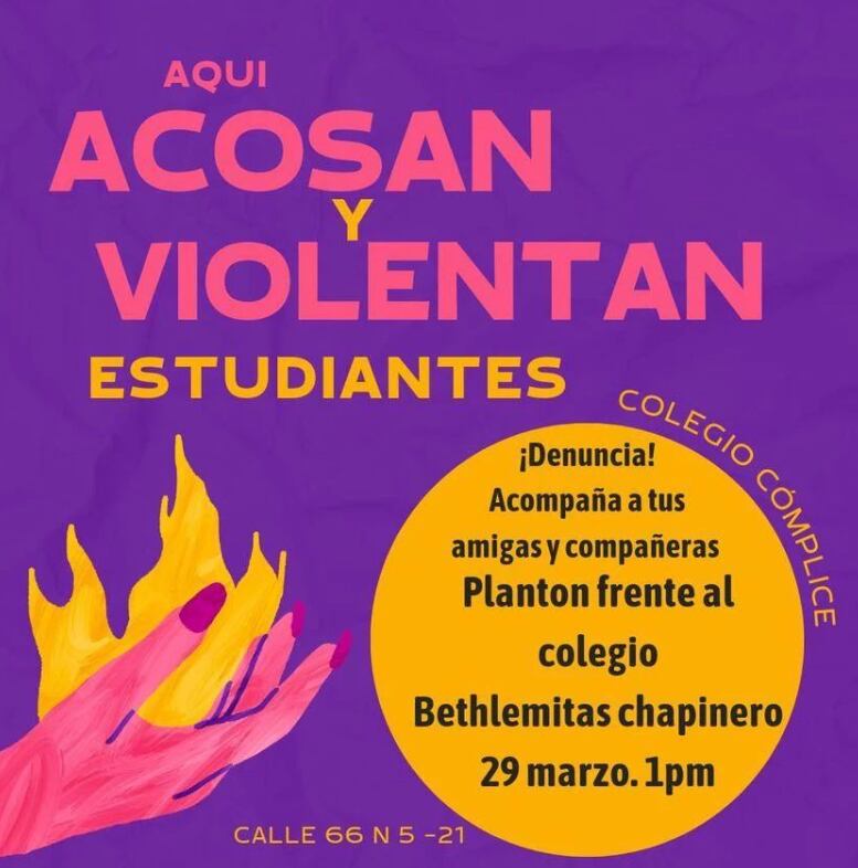 Esta la invitación de la cuenta en Instagram @nomasacosobth al plantón frente a una de las sedes del colegio Las Bethlemitas.