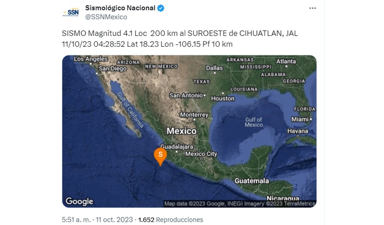 Así registró el SSN el temblor en México el 11 de octubre de 2023