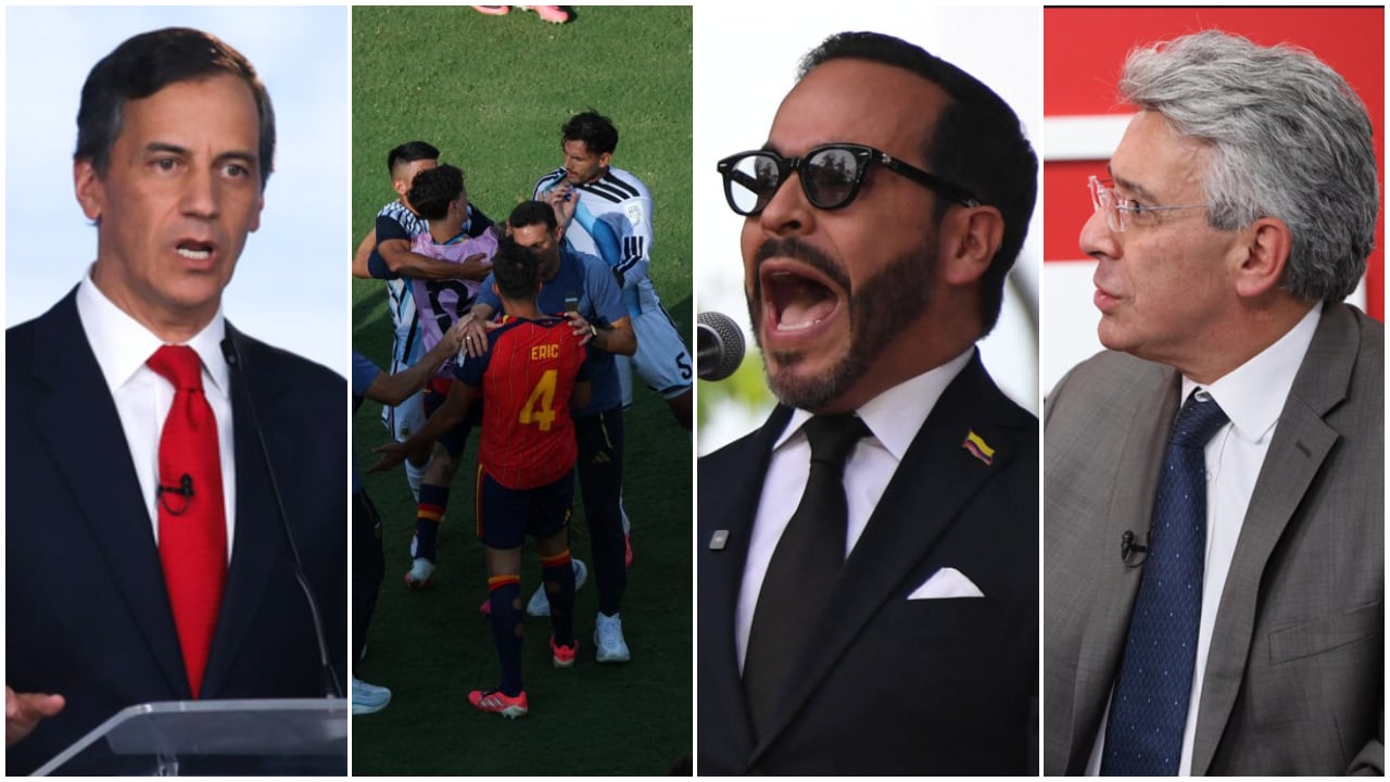 De izquierda a derecha: Rafael Nieto Loaiza, congresista; Leandro Paredes, jugador argentino, chocando con sus similares de España; el presidente electo, Abelardo De La Espriella; y Enrique Gómez, congresista