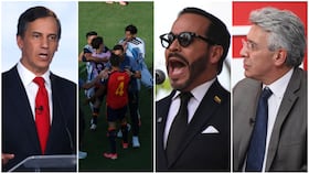 De izquierda a derecha: Rafael Nieto Loaiza, congresista; Leandro Paredes, jugador argentino, chocando con sus similares de España; el presidente electo, Abelardo De La Espriella; y Enrique Gómez, congresista